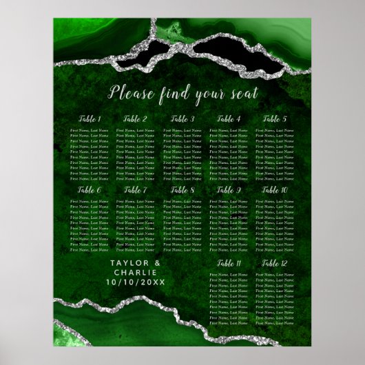 Poster Green Silver Agate Wedding Seating Chart 12 Table (Devant)