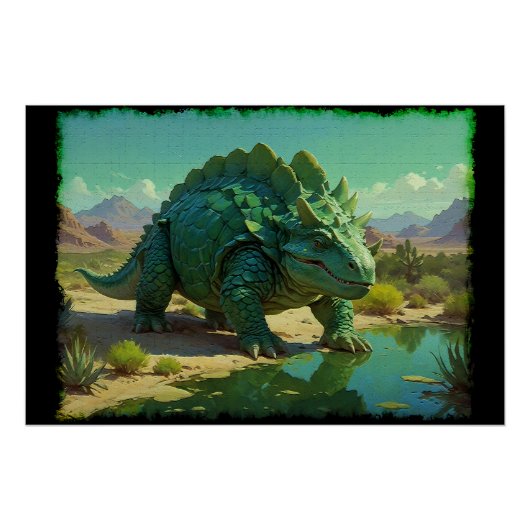 Poster Green Stegosaurus and Desert Pool (Devant)