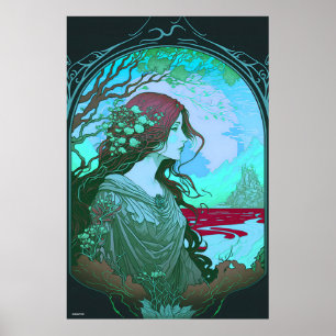 Poster Green woman portrait art nouveau ai design on 