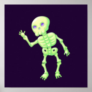 Poster Green Yellow Cute Skeleton Waving Art