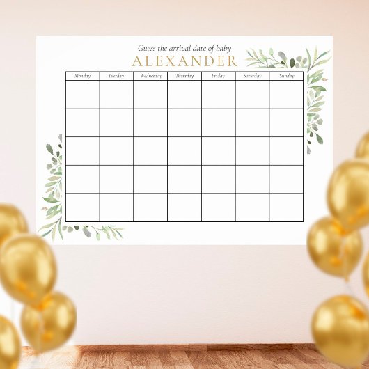Poster Greenery Baby Shower Guess The Due Date