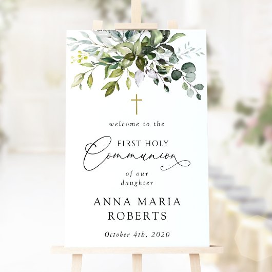 Poster Greenery, Eucalyptus, First Holy Communion Welcome