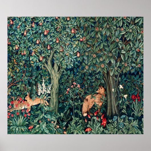 Poster GREENERY,FOREST ANIMALS Hares ,Fox,Green Floral (Devant)