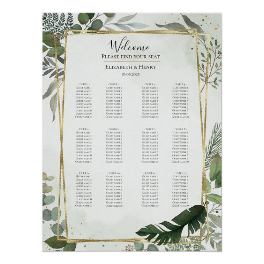 Poster Greenery gold watercolour wedding seating chart (Devant)