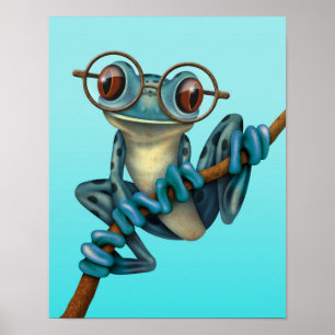 Poster Grenouille à l'arbre bleu mignonne avec lunettes d