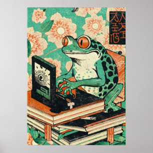 Poster Grenouille amusante sur ordinateur portable   Amou
