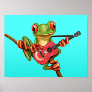Poster Grenouille Arbre Jouer Drapeau Turc Guitare Bleu