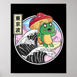 Poster Grenouille avec champignon surfant sur une vague j