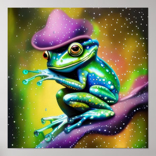 Poster Grenouille avec chapeau sous la pluie