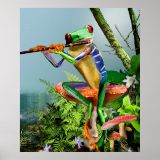 Poster Grenouille d'arbre humoristique Jouer la Flûte