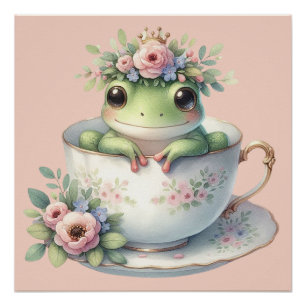 Poster Grenouille Fantaisiste dans une Tasse à Thé Floral
