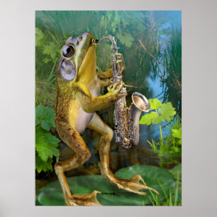 Poster Grenouille humoristique maniant le saxophone
