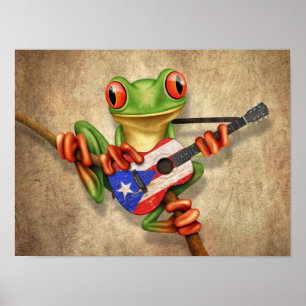 Poster Grenouille Jouer Porto Rico Drapeau Guitare