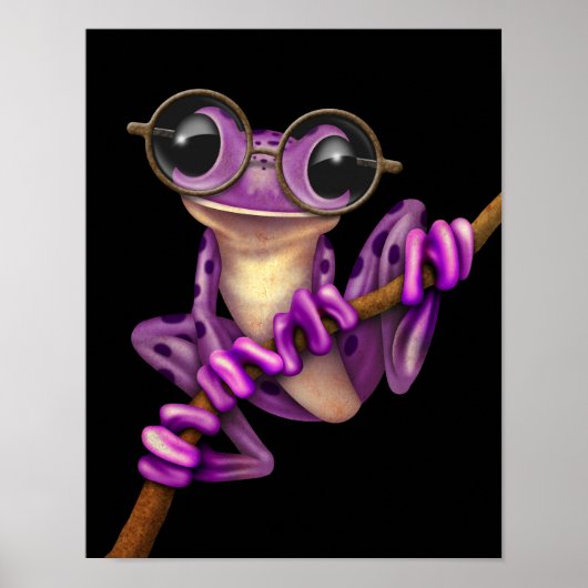 Poster Grenouille mauve avec lunettes d'oeil sur noir (Devant)