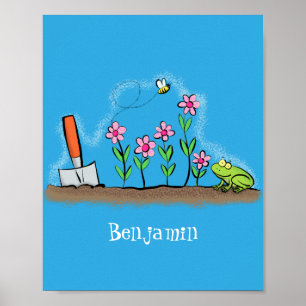 Poster Grenouille mignonne et abeille dans le jardin dess