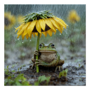 Poster Grenouille sous un parapluie tournesol sous la plu