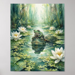 Poster Grenouille sur le museau de tortue Aquarelle Étang