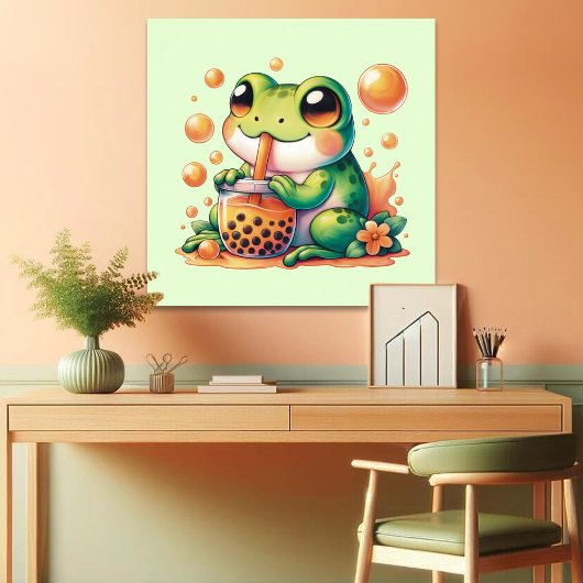 Poster Grenouille Verte Boire Orange Boba Bubble Thé
