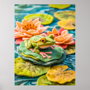 Poster Grenouille verte en feutre sur nénuphars dans un é