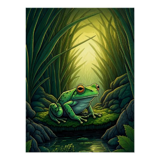 Poster Grenouille verte enchantée dans une forêt (Devant)