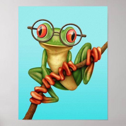 Poster Grenouille verte mignonne avec lunettes d'oeil sur (Devant)