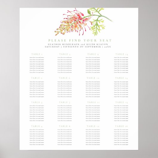 Poster Grevillea floral green wedding 16 tables plan (Devant)