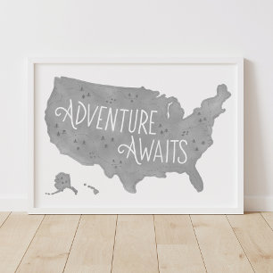 Poster Grey Adventure Attend US Map Kids Room Decor