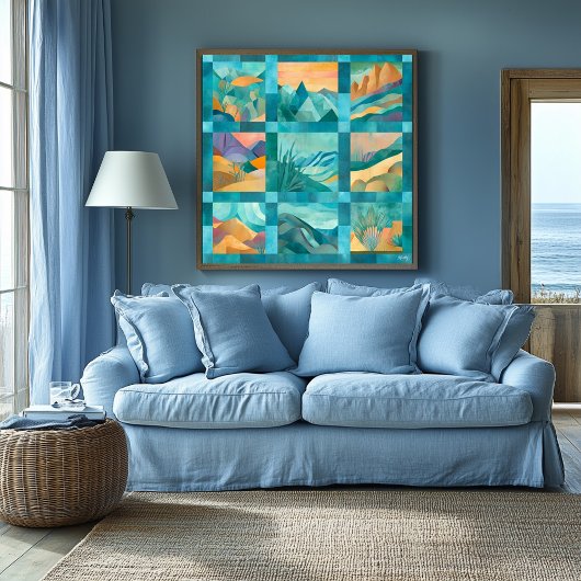 Poster Grille d'art Abstrait du désert turquoise encadré 