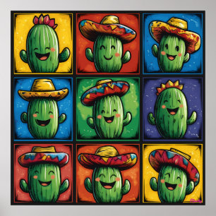 Poster Grille d'art colorée avec cactus souriant pour cha