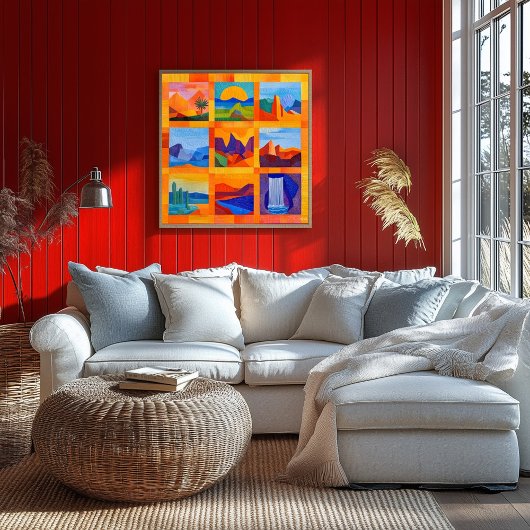 Poster Grille d'art du désert encadré orange - Géométriqu