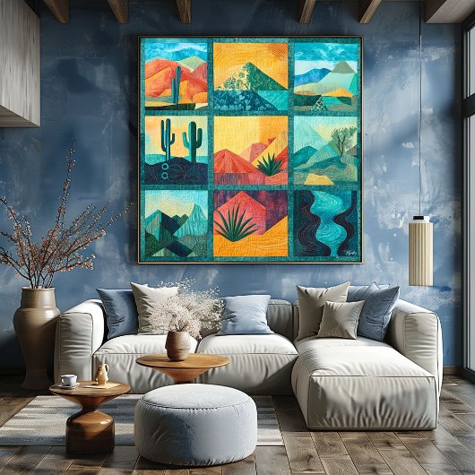 Poster Grille d'art du désert encadrée turquoise - Géomét
