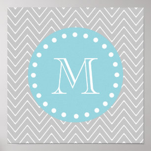 Poster Gris et bleu moderne Chevron personnalisé Monogram