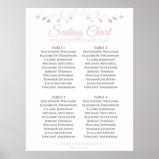 Poster Gris et rose Simple Mariage de 4 tables (Devant)