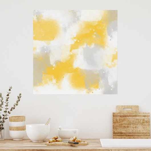 Poster Gris Jaune et Blanc Abstrait Brosses (Cuisine)