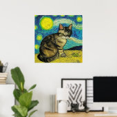 Poster Gris Tabby Chat Starry Nuit Art Van Gogh (Bureau à domicile)