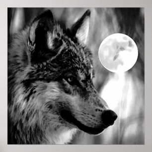 Poster Gris Wolf & Moon Imprimer