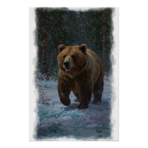 Poster Grizzly Bear et Snowy Trail Faune Design