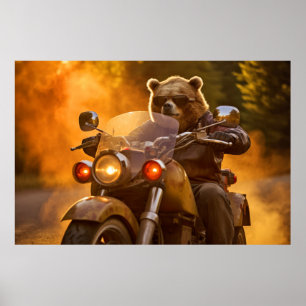 Poster Grizzly Oear Animal Fun équitation Moto Vélo Heure