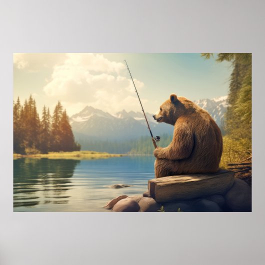 Poster Grizzly Oear Animal Fun Lake Pêche Happy Time (Devant)