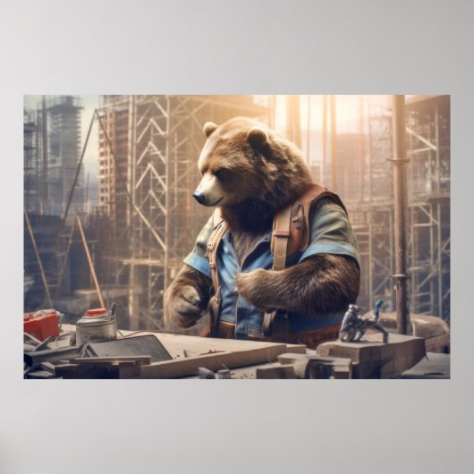 Poster Grizzly Oear Animal Fun Work Handyman Happy Time (Devant)