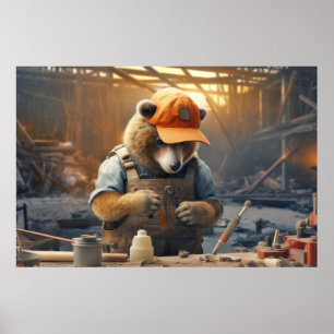 Poster Grizzly Oear Animal Fun Work Handyman Happy Time