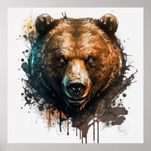 Poster Grizzly Oear Portrait Animal Peinture Faune Art