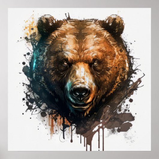 Poster Grizzly Oear Portrait Animal Peinture Faune Art (Devant)