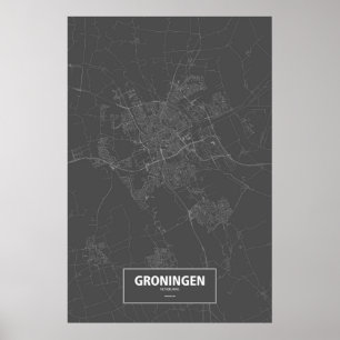 Poster Groningen, Pays-Bas (blanc sur noir)