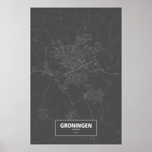 Poster Groningue, Pays-Bas (blanc sur noir) (Devant)