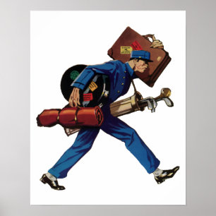 Poster Groom d'étage vintage en uniforme, valise et club 