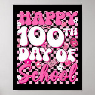 Poster Groovy à Carreaux Joyeuse Fille 100ème Jour D'écol