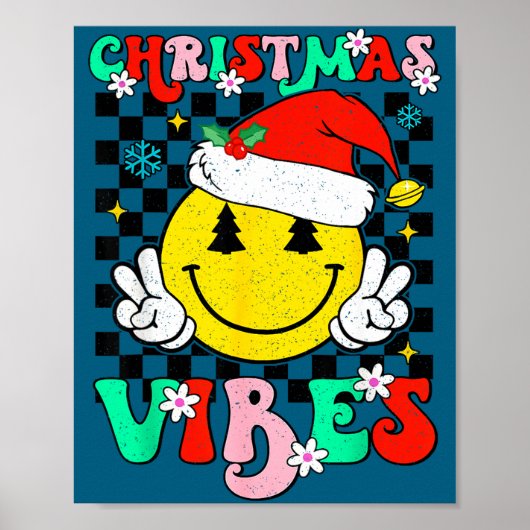 Poster Groovy Christmas Vibes Smile Face Santa Hat Xmas T (Devant)