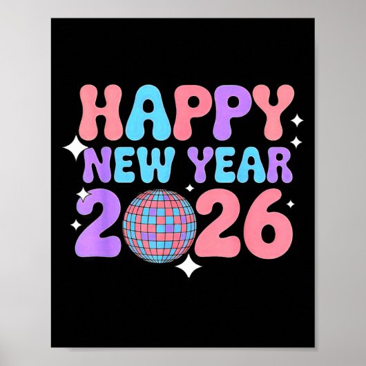 Poster Groovy Cute Happy New Year 2026 Disco Ball  (Devant)