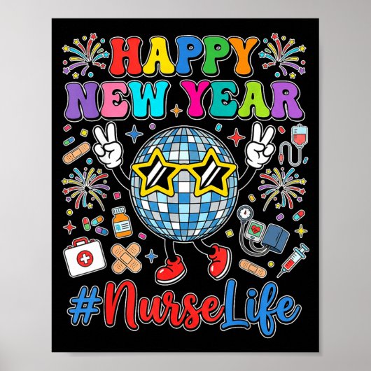 Poster Groovy Happy New Year 2026 Nurse Life Disco Ball F (Devant)